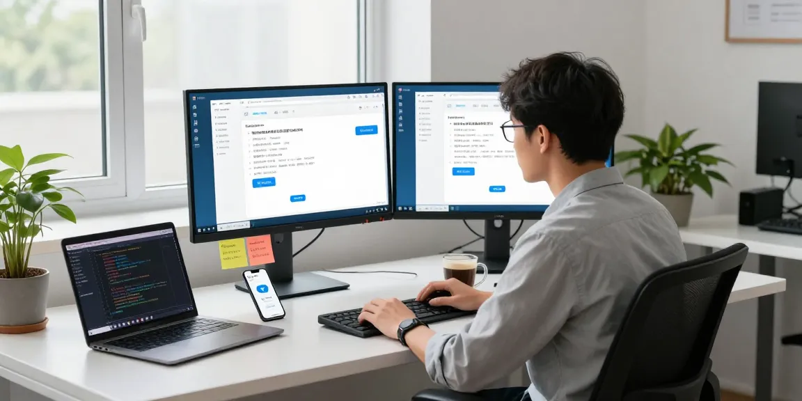 Developer configuring Telegram Chinese settings in a modern tech workspace.