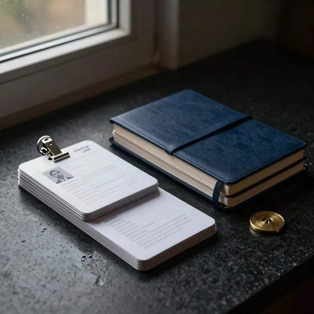 Dark hero still life of Startup Link cards, metal clips, navy notebook and brass token on basalt.