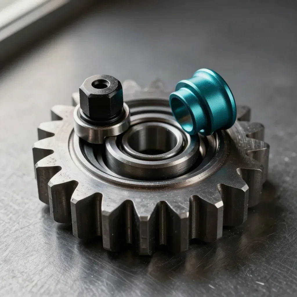 Macro of machined aluminum parts with a black oxide fastener and graphite bearing race.