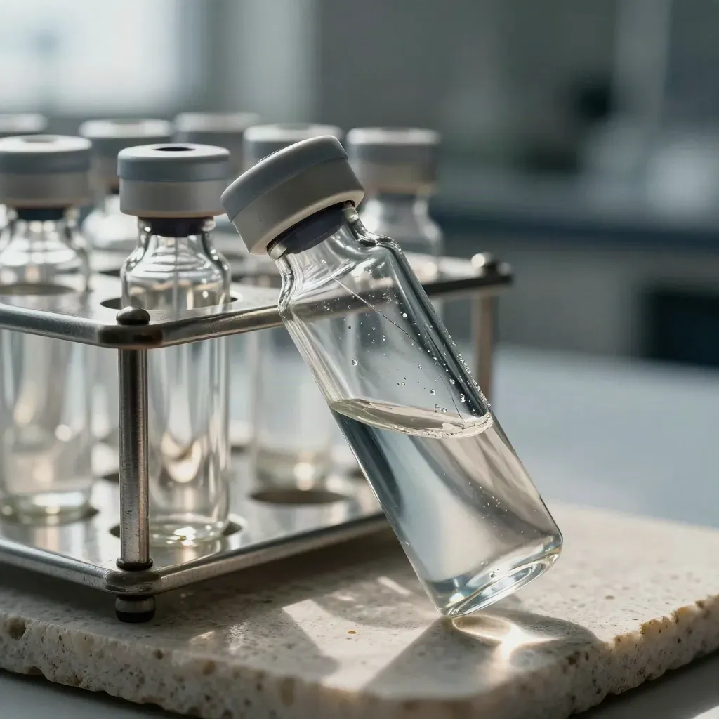 Macro lab vials and a metal rack on pale stone with cool haze and soft light.