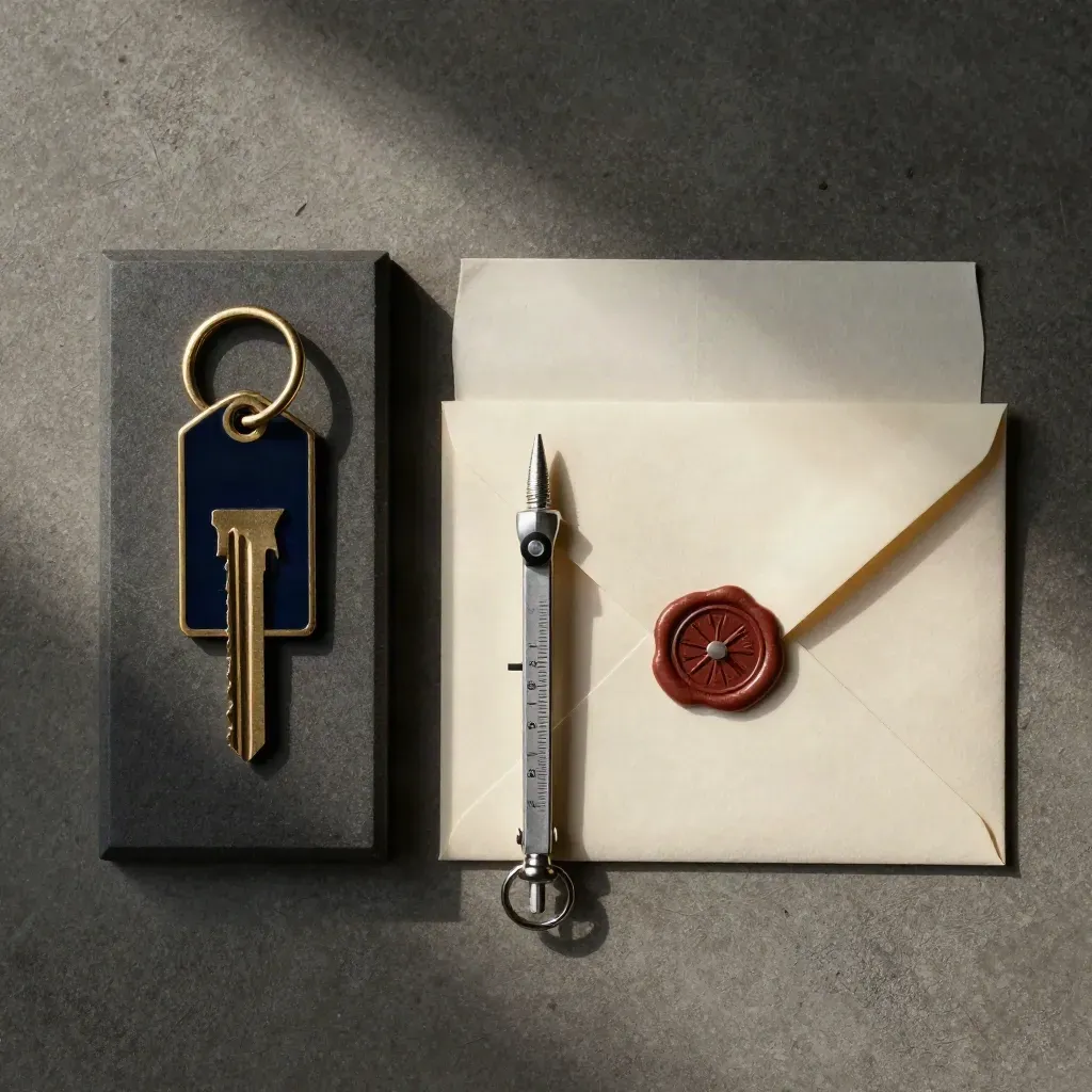 Brass key ring, model base block, compass, and sealed envelope on graphite concrete, top-down.