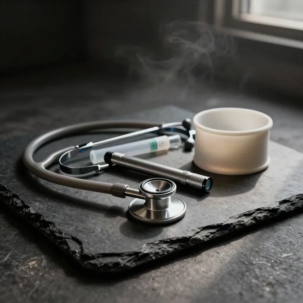 Stethoscope, sample tubes, penlight and wrist cuff on dark stone in dramatic clinic light.