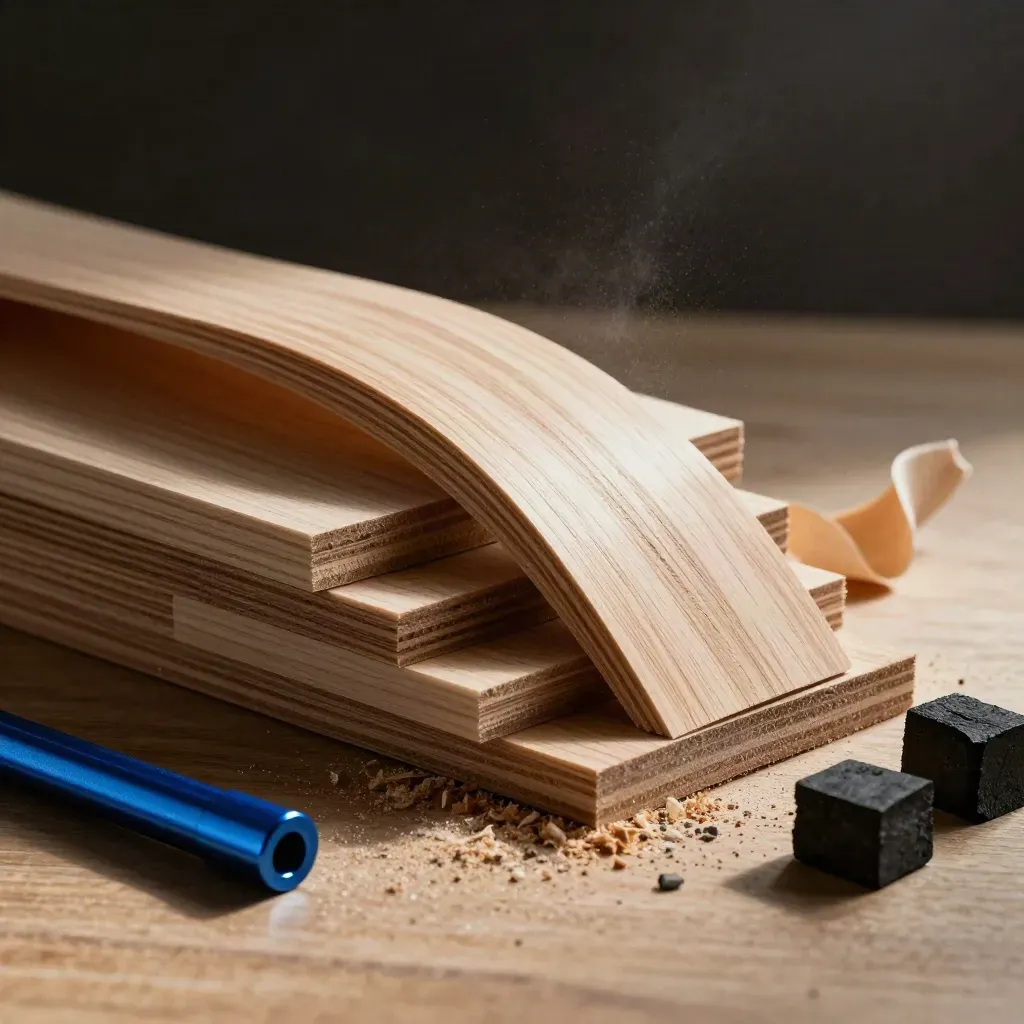 Joinery veneer samples, wedges, and fasteners on pale oak with blue accent