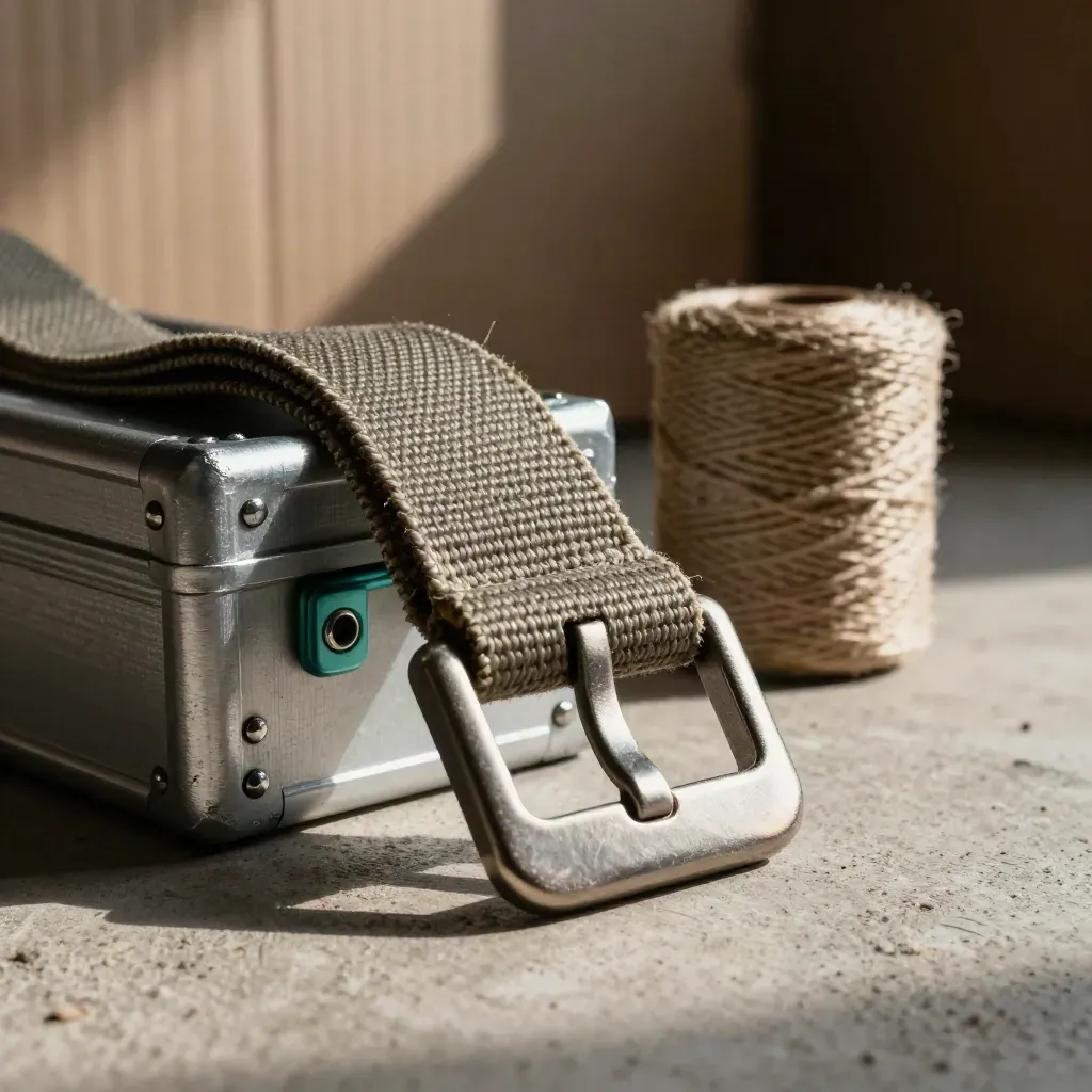 Macro still life of strap buckle, crate corner and twine on concrete with teal accent.