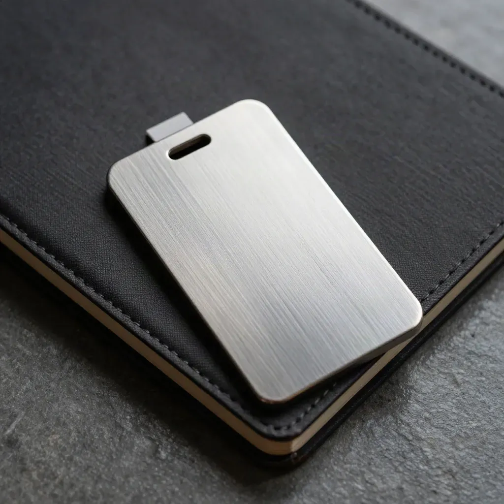Brushed-aluminum profile badge overlapping a pocket notebook with two tab dividers on graphite stone.