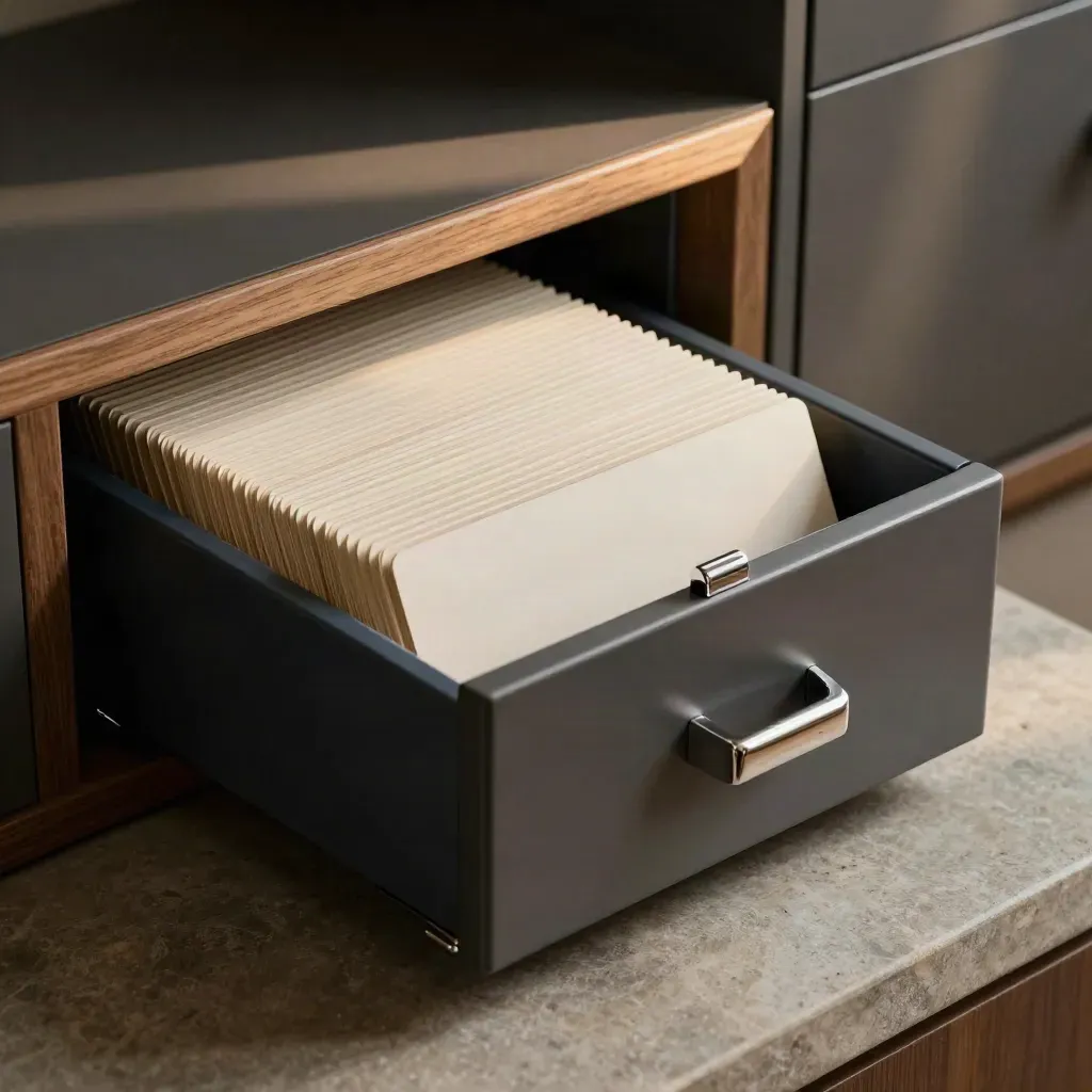 Open card-catalog drawer with blank cards and a chrome divider in moody light