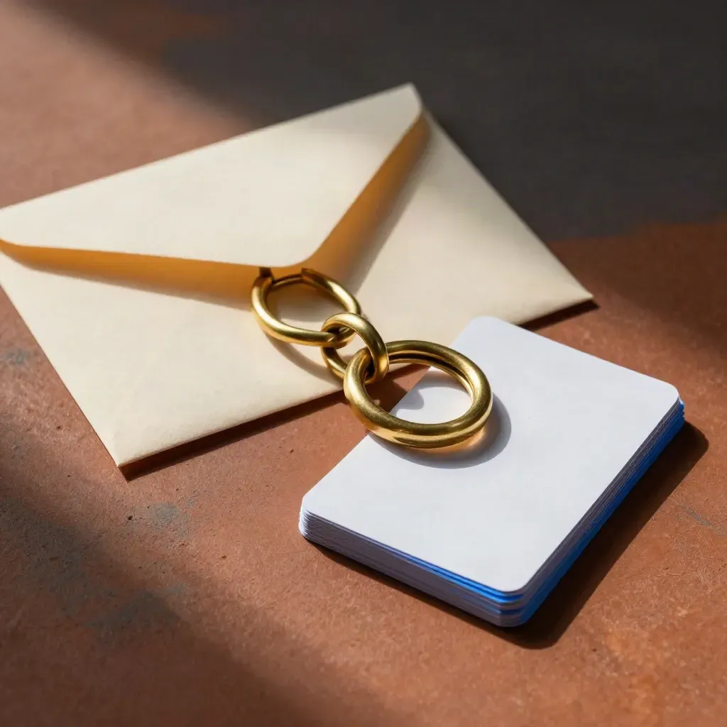 Macro brass contact rings beside a cream envelope and clipped cards on terracotta clay.