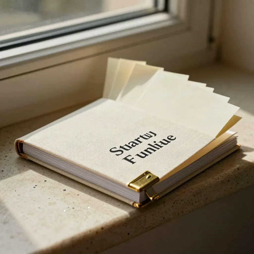 Closed funding guide booklet clipped in brass beside fanned cream note cards on limestone.