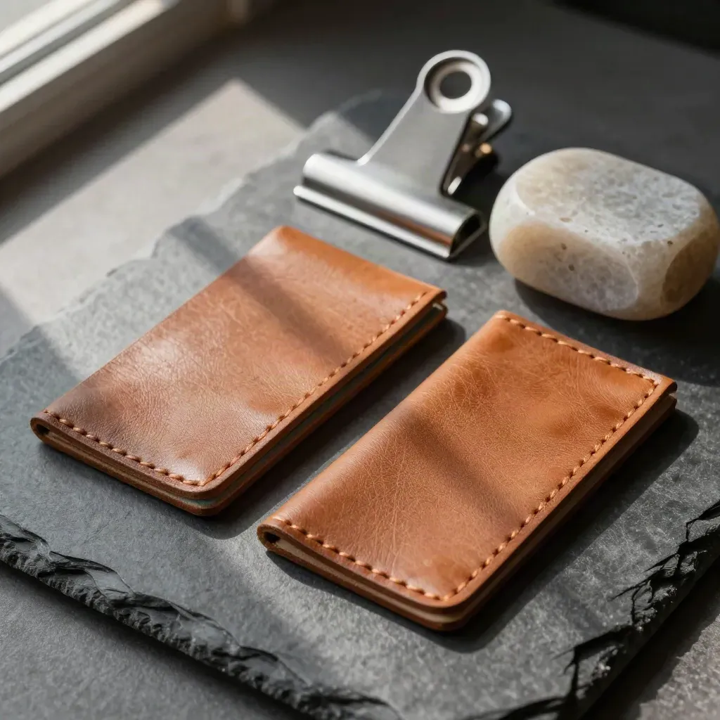 Leather index tabs, clip, and stone paperweight on graphite slate under soft window light.
