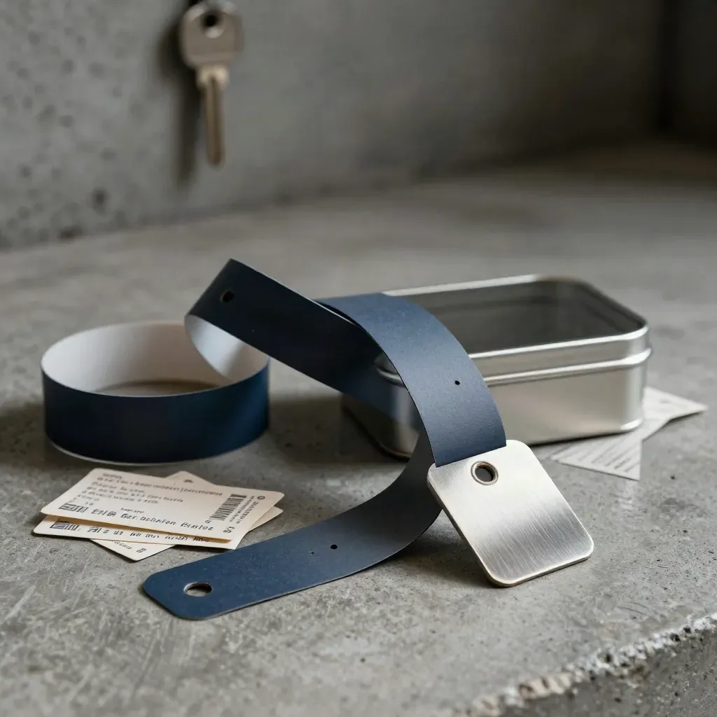 Navy wristbands, metal entry tag, and ticket tin on concrete in dramatic light