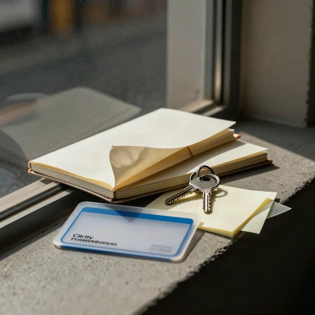 Notebook, transit card sleeve, key ring and sticky tabs on a concrete ledge by glass