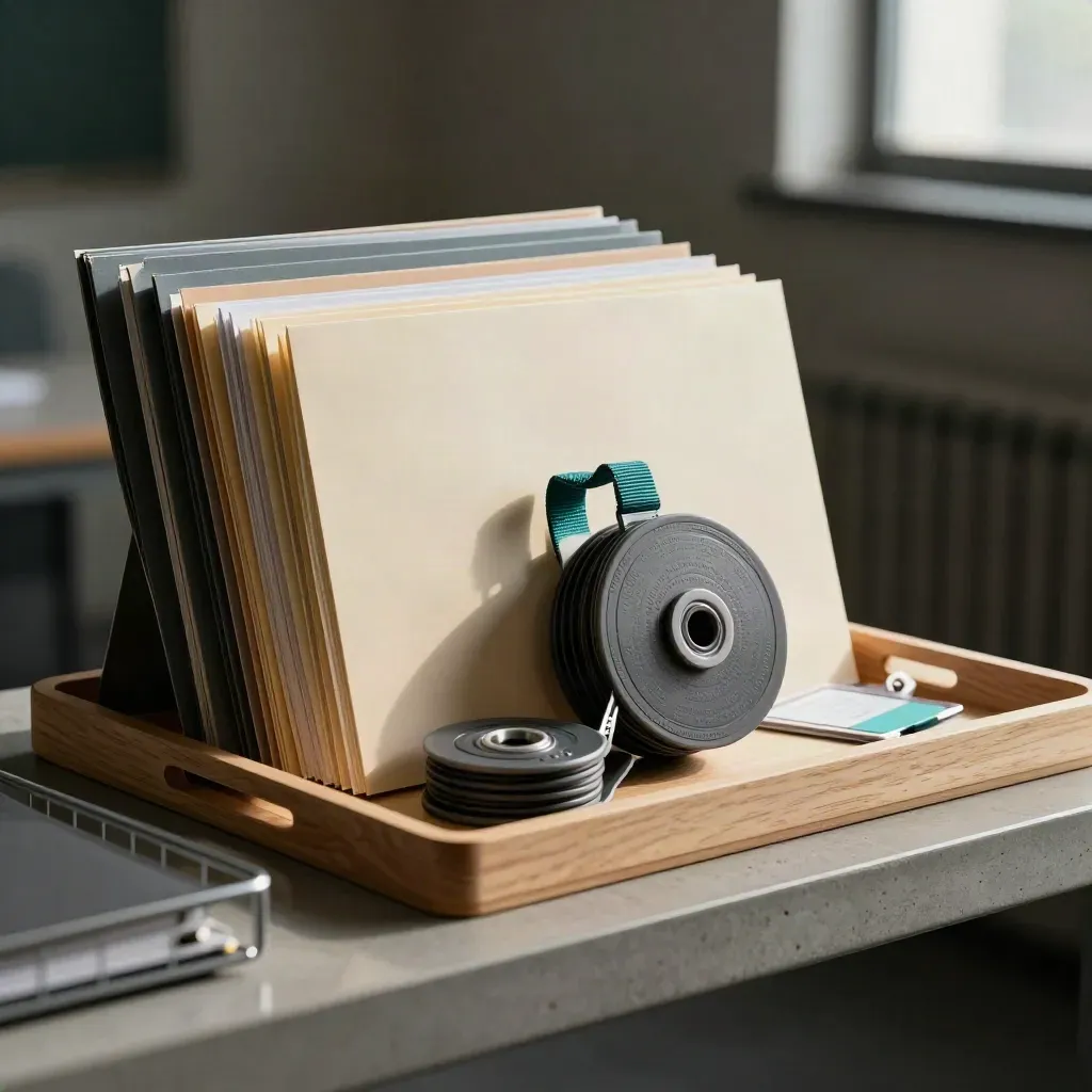 Cohort folders, badge reels and tab dividers on a pale wood tray seen through a wire shelf.