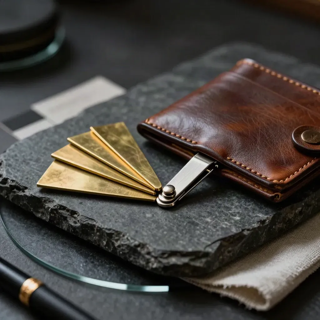 Macro still life of investor deal tools on dark stone, seen through glass with cool white highlights.