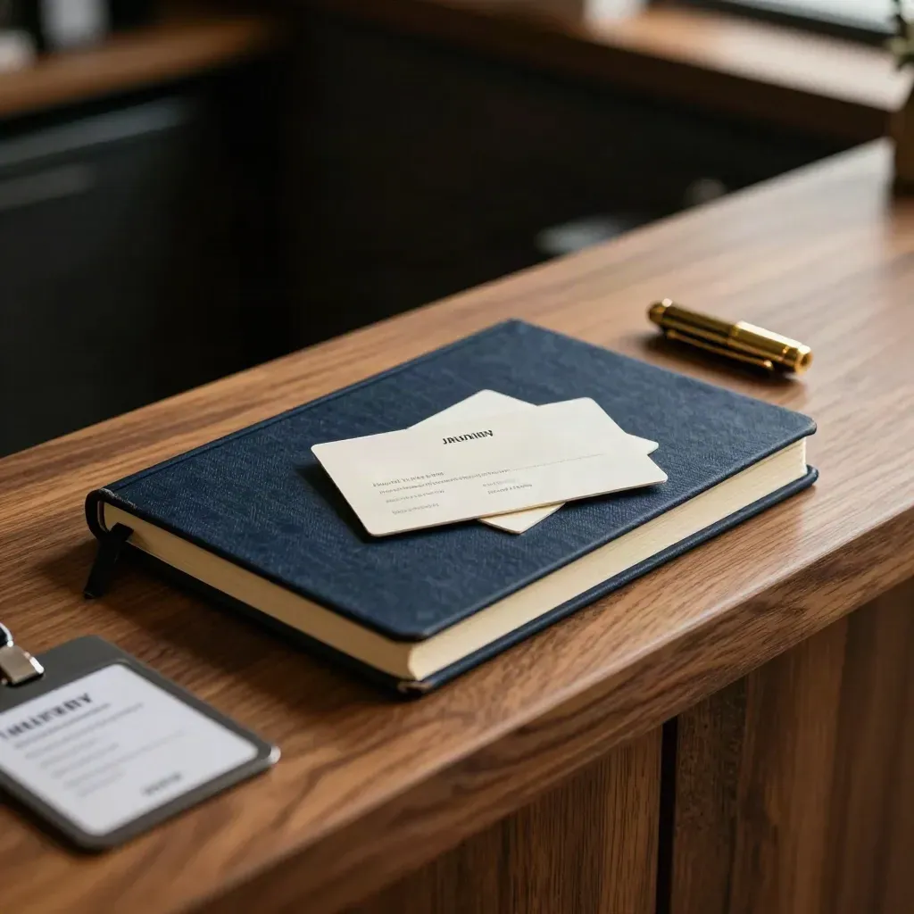 Navy notebook, profile cards, brass cap and badge sleeve on a walnut ledge in warm haze.