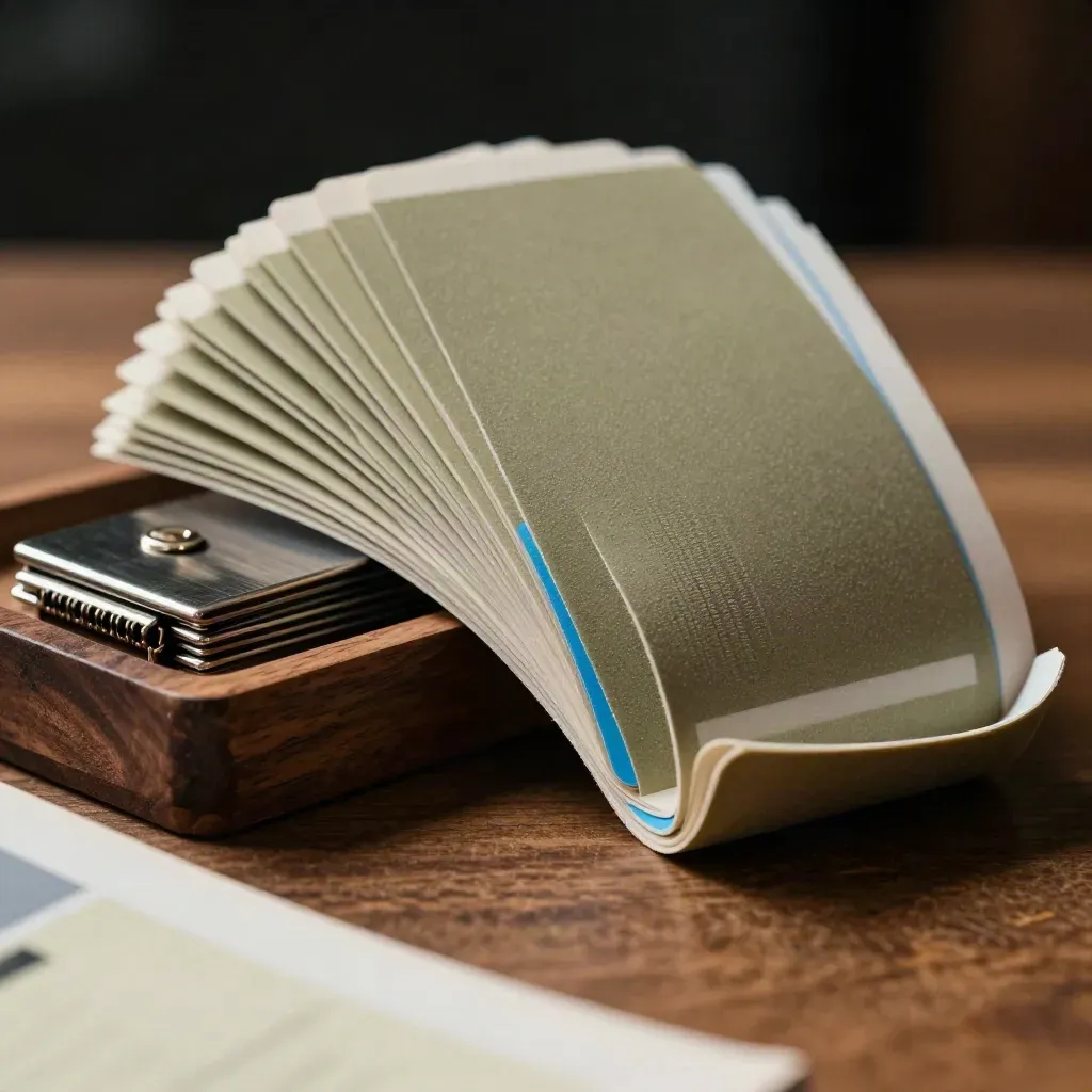 Paper wristbands, badge clips and a ticket tray on walnut with soft bokeh