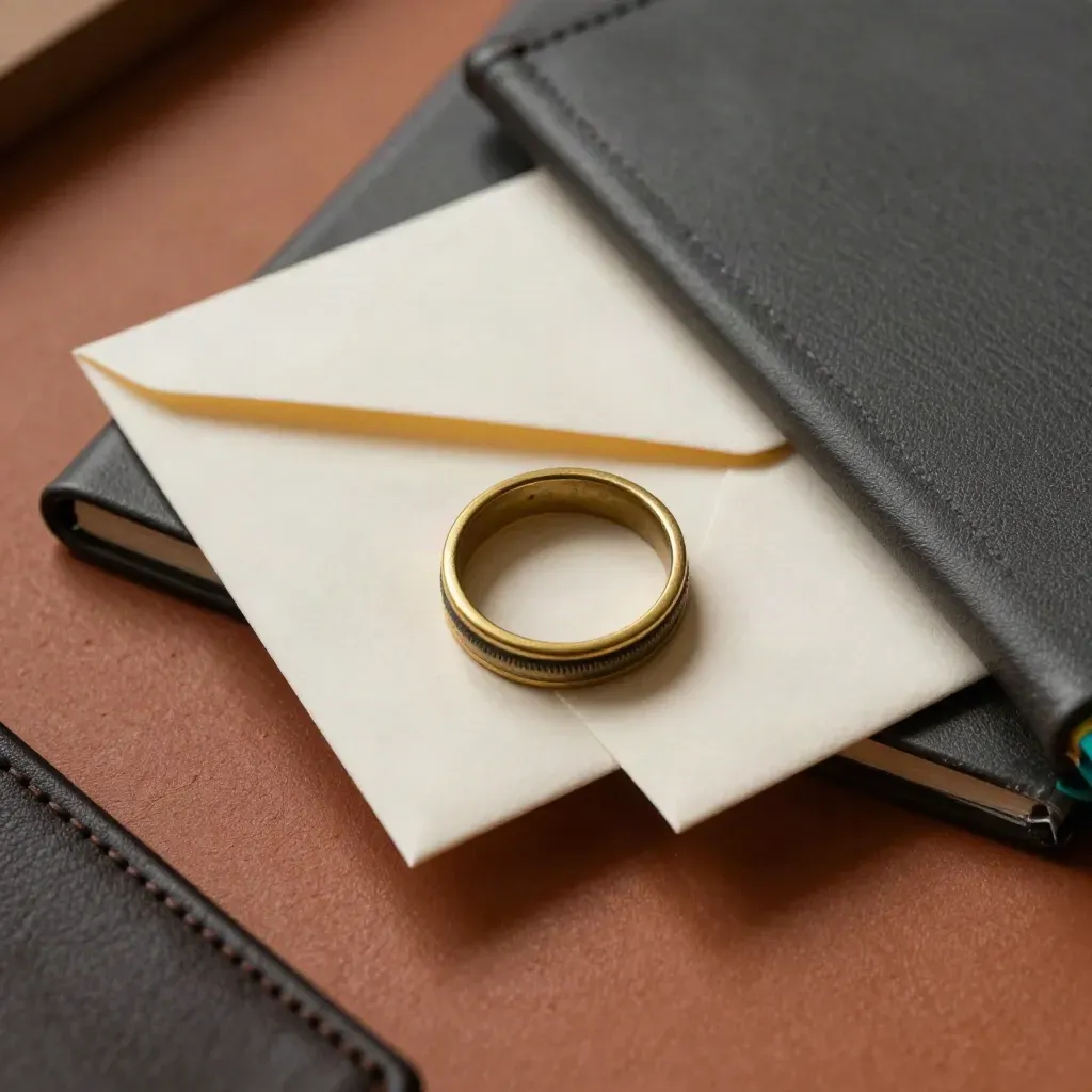 Brass ring, sealed envelopes and a closed appointment ledger on terracotta plaster.