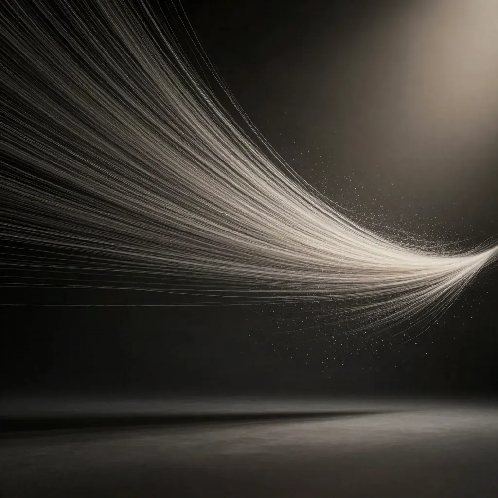 Silver particle streams converge in a dark graphite field, leaving calm open space for stats copy.