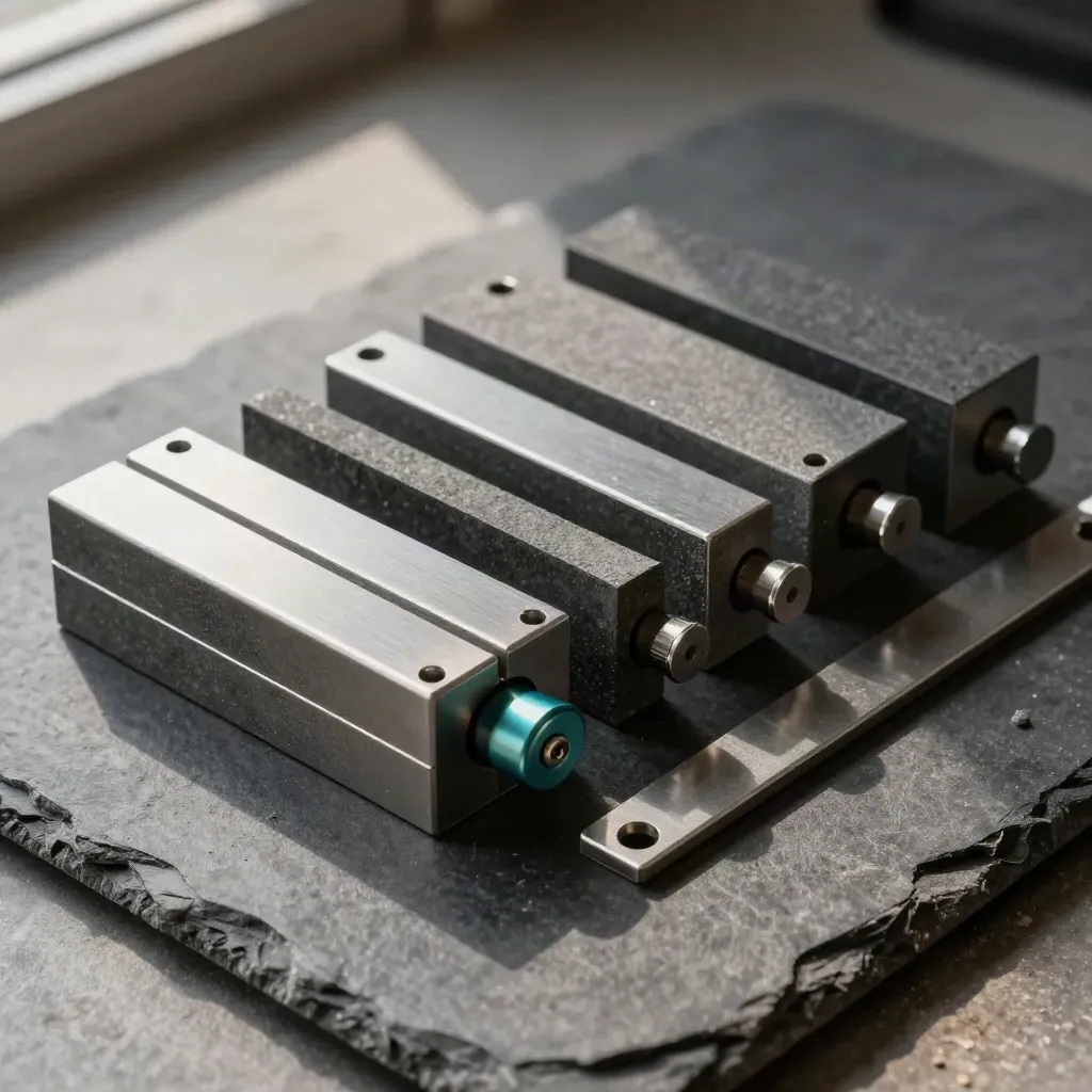 Overhead still life of graphite modular tiles, pegs, and brackets on a slate workbench