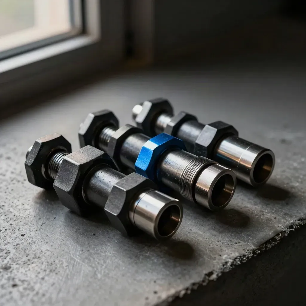 Macro of blackened steel couplers and hex standoffs with a brushed connector sleeve on concrete.